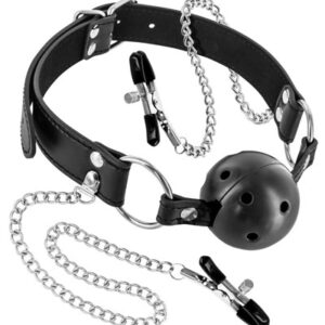 Fetish Tentation - Ball Gag Traspirante con Pinze per Capezzoli - Nera