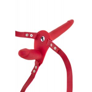 Esplora il Strap-On Harness Doppio Vibrante in Silicone Rosso - Ricaricabile USB