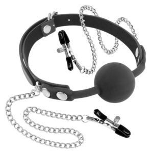 Fetish Tentation- - Ball Gag Classica con Pinze per Capezzoli - Nera