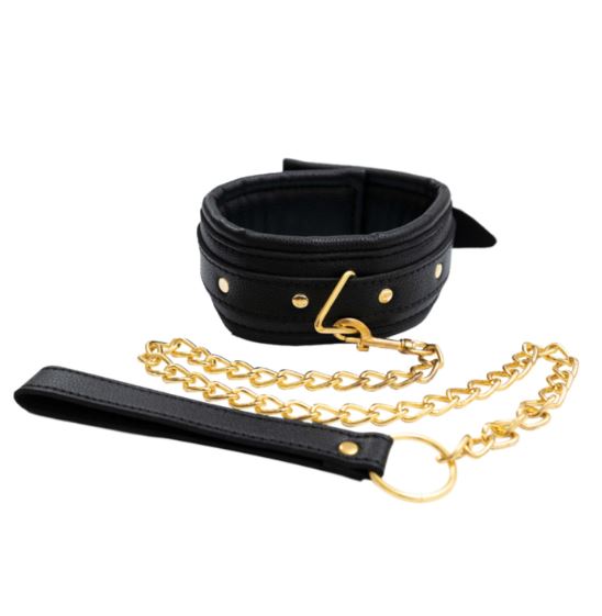 Fantasy Fetish - Collare con Guinzaglio Luxury - Nero con Dettagli Dorati - immagine 3